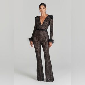 🤩 NWT 🤩 NADINE MERABI black sequin jumpsuit with feather trim